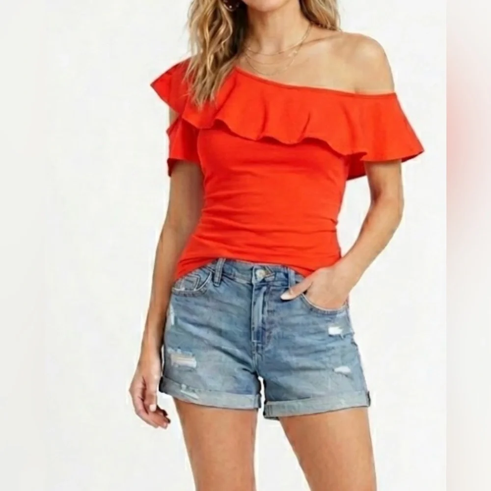 J. Crew Red Ruffled Asymmetrical Blouse